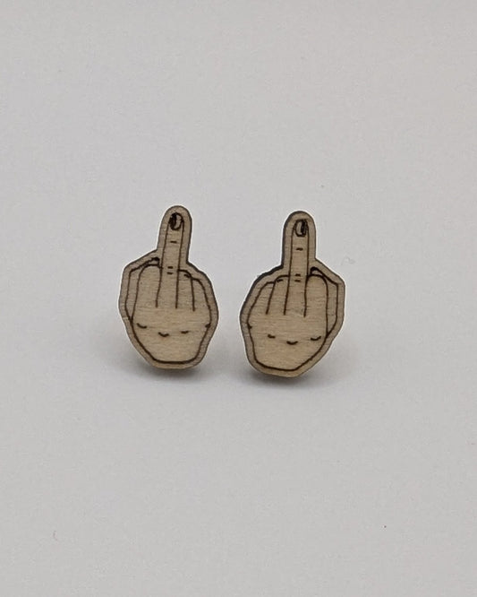 Middle Fingers Up Wood Stud Earrings